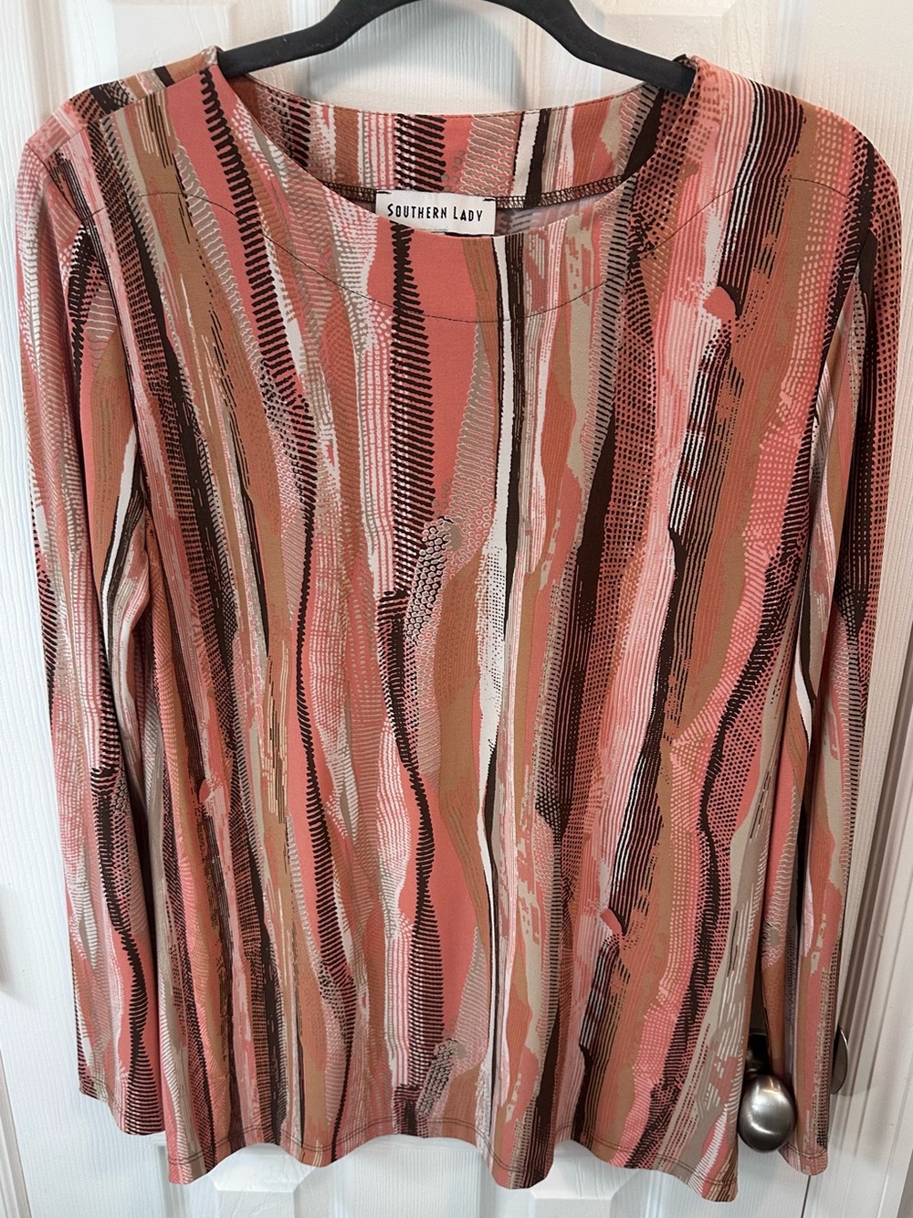 Southern Lady Coral, Brown & Cream Striped Long Sleeve Top